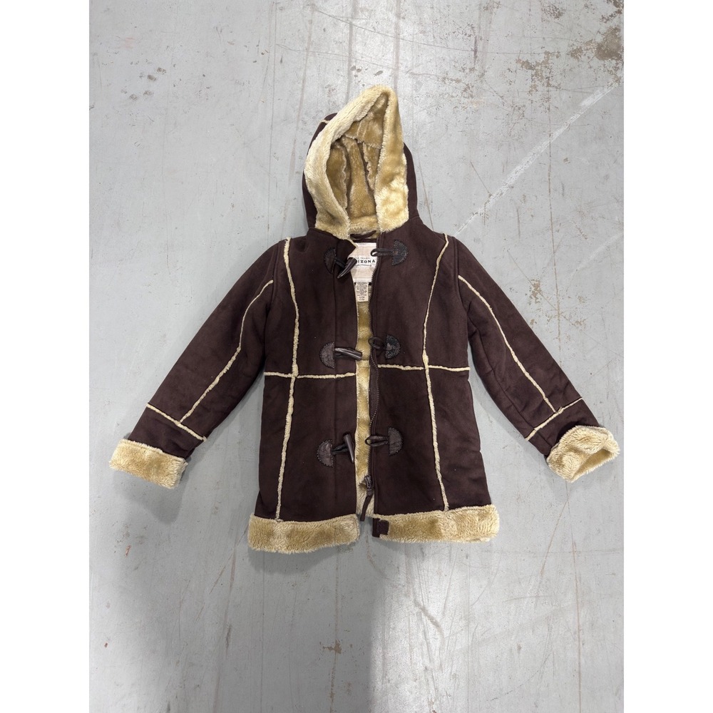 Arizona Jean Co Girls Brown Faux Shearling Hooded Toggle Coat Jacket Size S 7/8